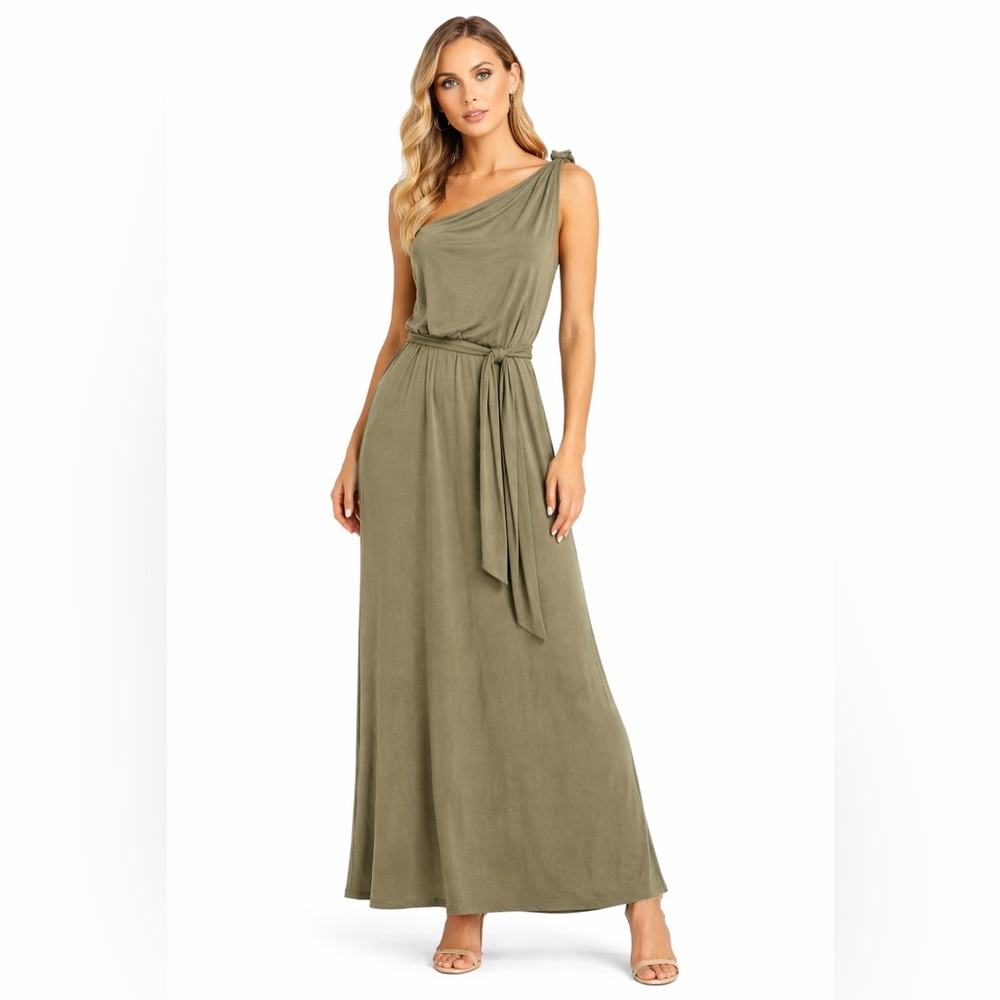 Antonio Melani Olive One-Shoulder Maxi Dress Belted Knot Detail - Size Small